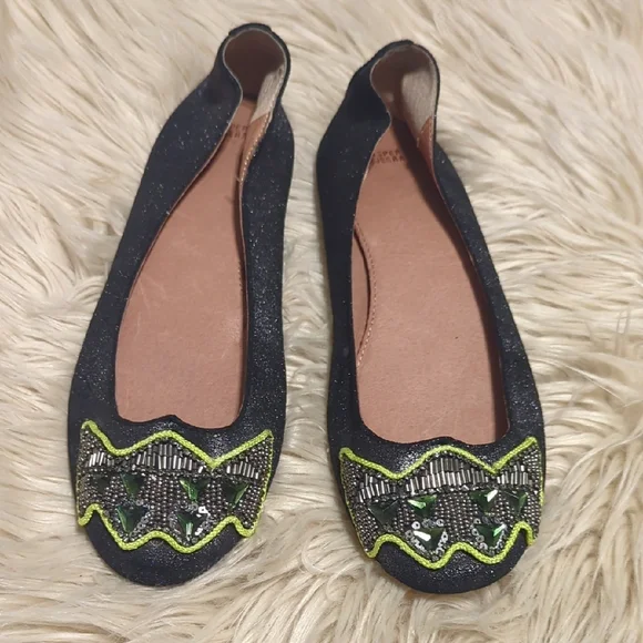 Anthropologie Jasper & Jeera Rani Jeweled Beaded Flats Metallic Black gray Sz 8 - Picture 1 of 4